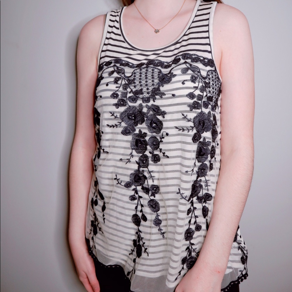Maurices Navy and Cream Stripe/Sheer Floral Tank